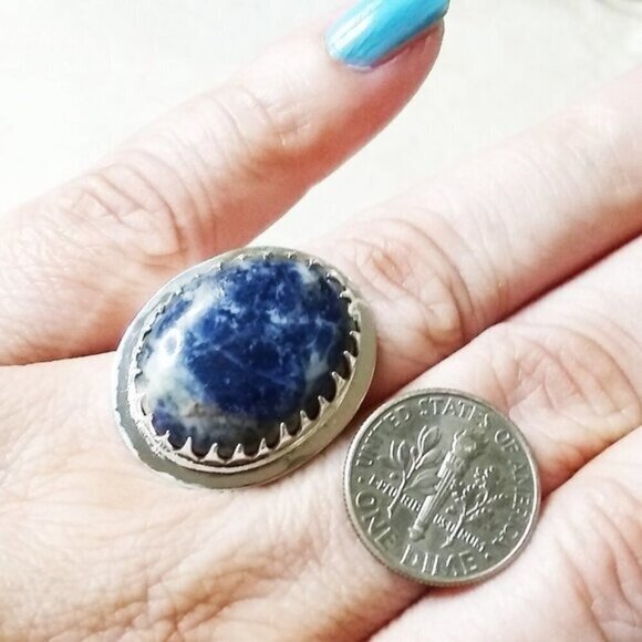 Blue Sodalite Ring - Southwestern Boho Style - Embossed Cigarband Shank Size 8.5 - Picture 2 of 9